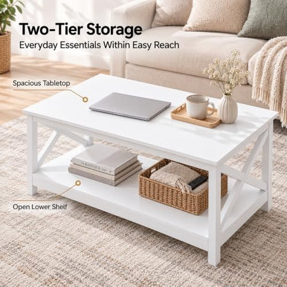 White Coffee Table for Living Room, X-Design Storage Shelf, 39.5", view 7