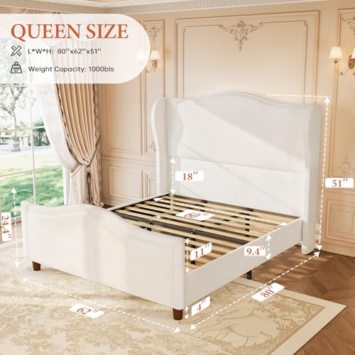 Queen Upholstered Bed Frame with Tall Headboard & Footboard, White, view 3