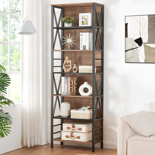 Tall Bookshelf, 7-Tier Book Shelf, Rustic Wood Metal Bookshelves and Bookcases, Freestanding and Industrial Open Bookcase for Home Office, Living Room and Bedroom, Vintage Brown