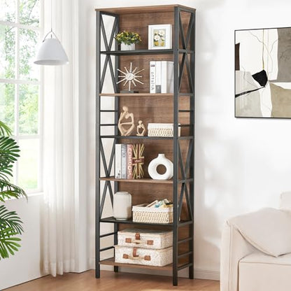 Tall Bookshelf, 7-Tier Book Shelf, Rustic Wood Metal Bookshelves and Bookcases, Freestanding and Industrial Open Bookcase for Home Office, Living Room and Bedroom, Vintage Brown