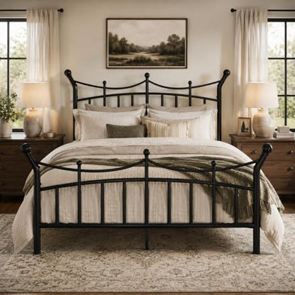 Full Size Metal Bed Frame, Victorian Crown Style, Black, view 2