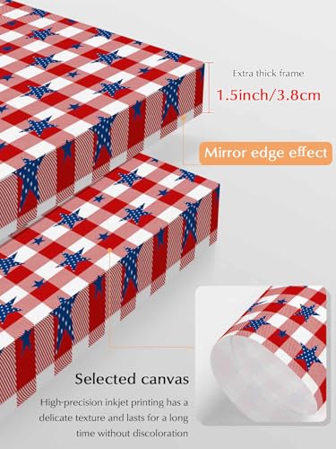 NuYeBiofx National Flag Day Canvas Wall Art Prints,30"x20" Framed Picture Artwork Patriotic Stars on Buffalo Tartan Lattice Printed Canvas Oil Painting for Living Room Bedroom Office,Ready to Hang