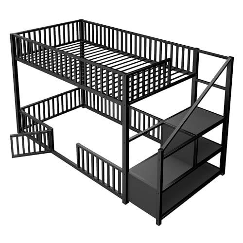 JIVOIT Twin Size Bunk Bed with Storage Ladder, Metal Low Bunk Bed, Metal Slats (Black/ 102)
