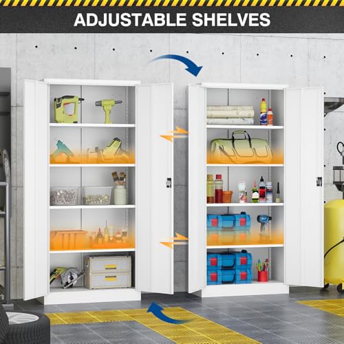 Metal Storage Cabinet-71” Tall Steel File Cabinets with Lockable Doors and Adjustable Shelves-White Steel Storage Cabinet for Home,Kitchen, School, Office, Garage