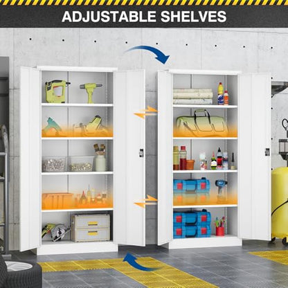 Metal Storage Cabinet-71” Tall Steel File Cabinets with Lockable Doors and Adjustable Shelves-White Steel Storage Cabinet for Home,Kitchen, School, Office, Garage