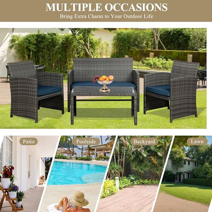 4 Piece Outdoor Patio Furniture Set, Outdoor Wicker Rattan Chairs Conversation Sets with Cushions & Coffee Table for Outside, Garden, Balcony, Porch, Dark Blue