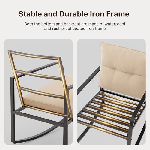 3 Piece Rocking Bistro Set, Black Steel Patio Furniture, Porch Chairs Conversation Set with Glass Coffee Table, Back Cushion, for Balcony, Garden, Pool, Backyard, Beige