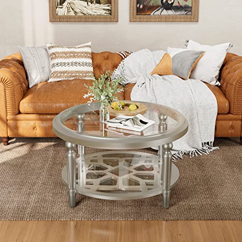 32" Round Glass Coffee Table with Storage, 2-Tier Modern Champagne Center Table for Living Room, Elegant Clear Glass Top Accent Table with Pine Wood Frame, Simple Home Office Furniture