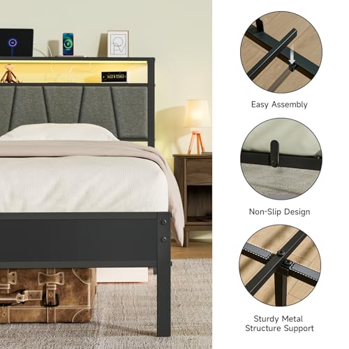 14 Inch Storage Headboard with Charging Station Twin Bed Frame, view 7