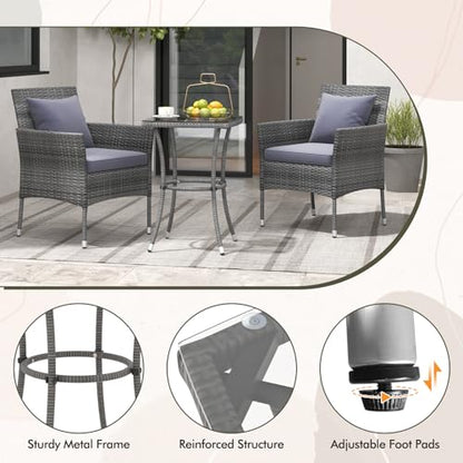 3-Piece Patio Furniture Set, PE Wicker Conversation Bistro Set w/A Tempered Glass Table & 2 Cushioned Chairs, Outdoor Table & Chairs Set for Patio Porch Yard Garden (Mix Gray+Grey)