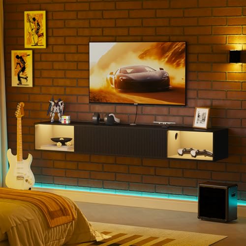 55" Floating TV Stand with LED Light and Storage for Living Room, view 3