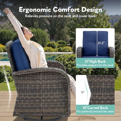 2 in 1 Porch Glider Swivel Chair - Wicker Patio Furniture Outdoor Swivel Rocker Chair with Thick Cushion, 300 Lb Weight Capacity Patio Swivel Glider Seating - Brown Wicker, Blue Cushion