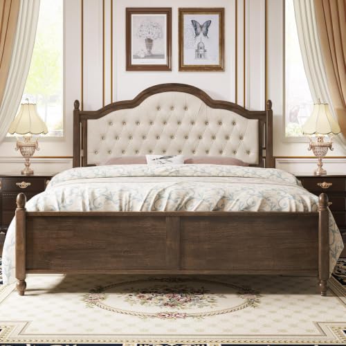 Luxury Queen Size Bed Frame with Upholstered Tufted Headboard,Walnut, view 4