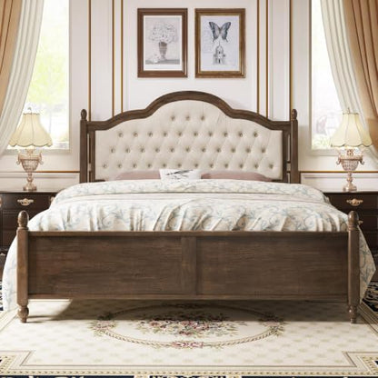 Luxury Queen Size Bed Frame with Upholstered Tufted Headboard,Walnut, view 4