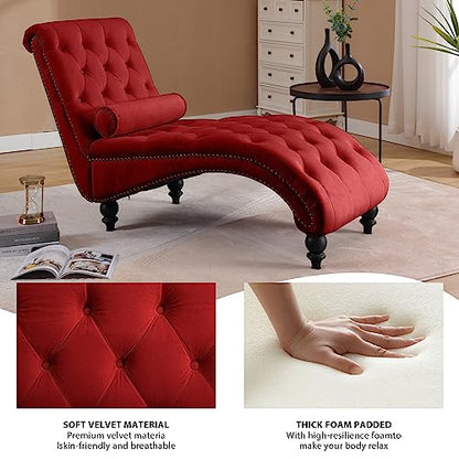 Button-Tufted Velvet Chaise Lounge Chair with Wood Legs & Toss Pillow, view 4
