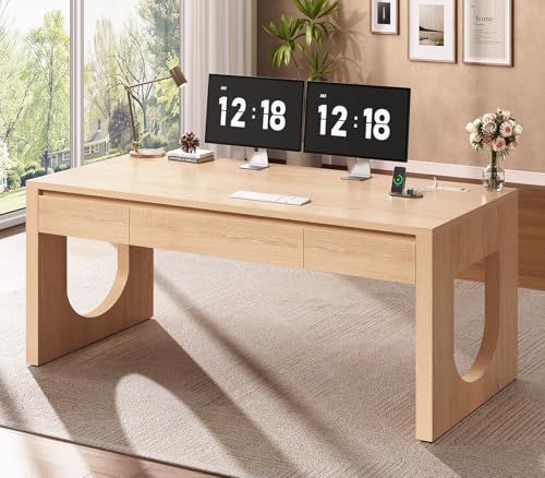 Modern Office Desk with 3 Drawers, 55" Executive Desk with U-Shaped Legs, Wood Computer Desk with Power Outlet, Home Office Desks with Relief Texture, Natrual