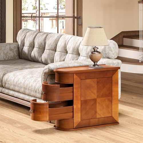 Wood End Table with 2 Drawers Sofa Side Table, No Assembly Required Vintage Slim Nightstand Bedside Table for Bedroom