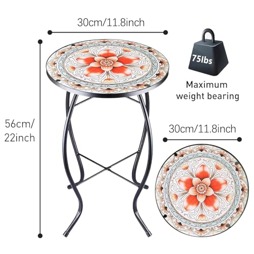 12 Inch Small Outdoor Side Table with Pink Flower, Glass Mosaic Patio Table Indoor, Round Plant Coffee Table for Living Room, Balcony, Garden
