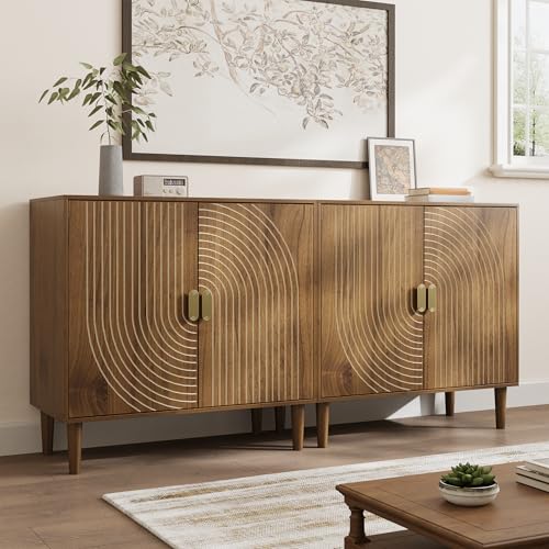Walnut Sideboard Cabinet, Freestanding Buffet Cabinet with Line Groove Design, view 4