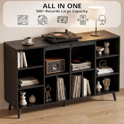 Record Player Stand with Charging Station, 55" Holds 450+ Albums, view 6