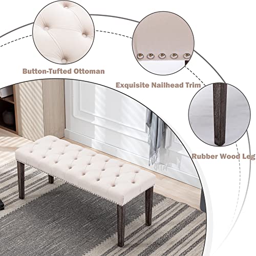 Button-Tufted Ottoman Bench, Upholstered Bedroom Benches Velvet Footrest Stool Accent Bench for Entryway Dining Room Living Room Bedroom End of Bed, Beige