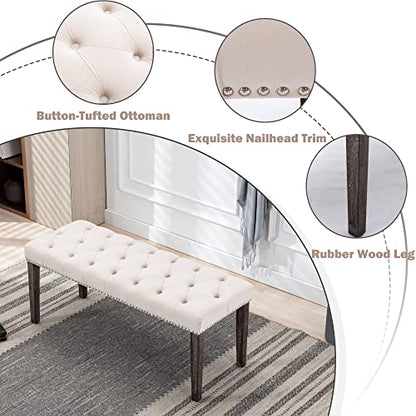 Button-Tufted Ottoman Bench, Upholstered Bedroom Benches Velvet Footrest Stool Accent Bench for Entryway Dining Room Living Room Bedroom End of Bed, Beige