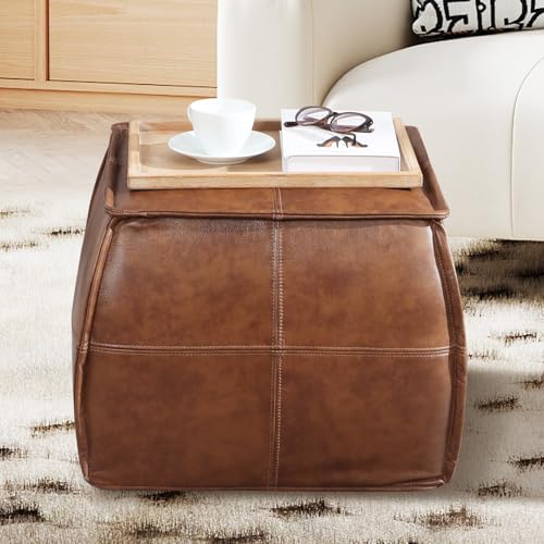 Genuine Leather Ottoman, Square Pouf Ottoman Foot Rest, Leather Footstool for Living Room (Brown, Square)