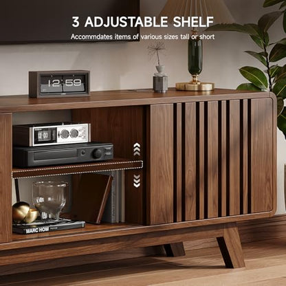 63-Inch TV Stand for TVs up to 75 Inch, Mid-Century Modern Television Stand with Power Outlet, Entertainment Center with Sliding Grille Door Cabinets and Open Shelves for Living Room, Walnut