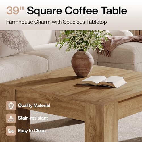 Tribesigns Farmhouse Square Coffee Table, 39-Inch Wooden Coffee Table with Sturdy Legs, Rustic Accent Center Table for Living Room, Easy Assembly, Light Brown