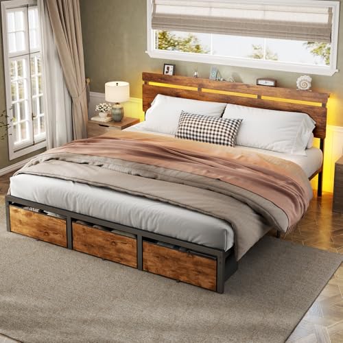 King Size Bed Frame with Wood Headboard,3 Storage Drawers & Shelf, view 4