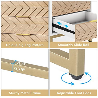 Tribesigns 3 Drawers Nightstand Set of 2, Modern Bedside Table with Unique Chevron Design, White End Side Table Night Stands with Gold Metal Legs for Bedroom (White & Wood Color)