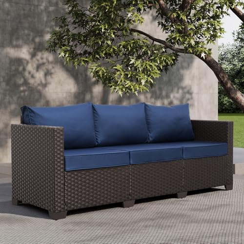 Patio Furniture 3-seat Sofa Brown Wicker Outdoor Furniture Outdoor Couch Deep Seat High Backrest Waterproof Cover Anti-Slip Washable Cushions, Navy Blue