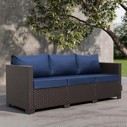 Patio Furniture 3-seat Sofa Brown Wicker Outdoor Furniture Outdoor Couch Deep Seat High Backrest Waterproof Cover Anti-Slip Washable Cushions, Navy Blue
