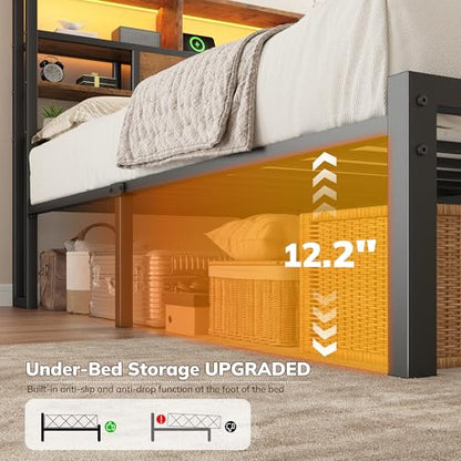 Queen Bed Frame with Storage Headboard and Charging Station, Brown, view 6