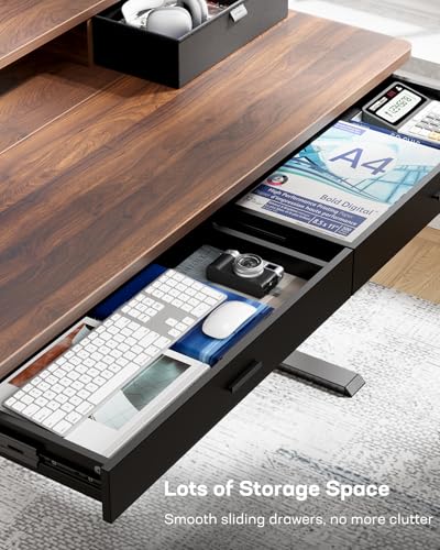 48 x 30 inch Electric Standing Desk with 4 Drawers, Adjustable Height Sit Stand Home Office Desk with Two Tiers, Ergonomic Adjustable Stand up Desk C-Clamp Monitor Mount Compatible, Walnut