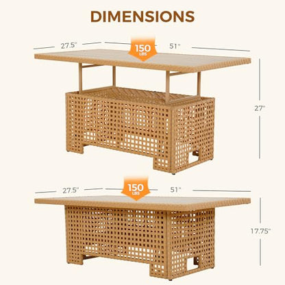 8-Piece Wicker Patio Furniture Set with Lift Top Coffee Storage Table, Outdoor Conversation Set Sectional Sofa with Water Resistant Thick Cushions, Cream