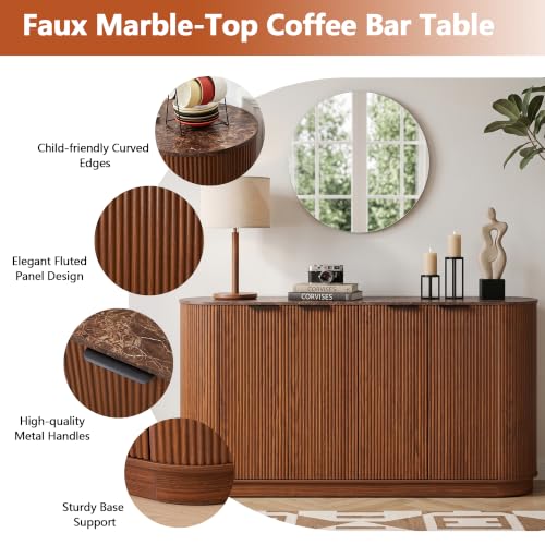 Modern Sideboard Buffet Cabinet with Storage, 59” Curved Credenza, Walnut, view 4