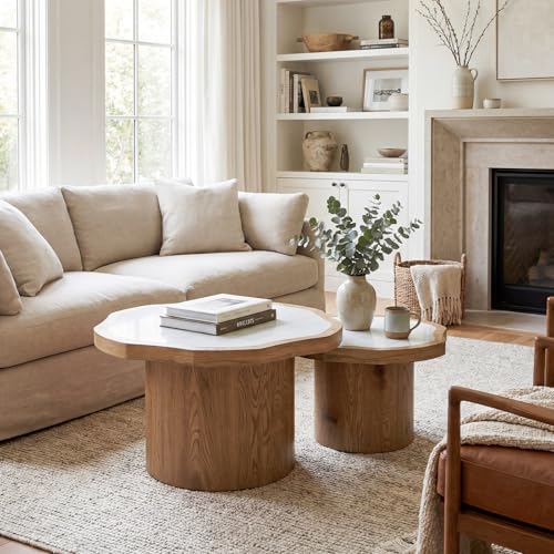 Nesting Coffee Table Set of 2, Modern Coffee Table and End Table Set, Fiberglass Top Wood Grain Accent Table for Living Room Bedroom, Natural Color