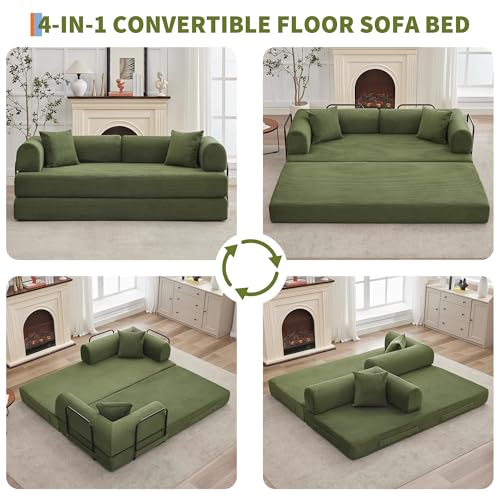 4 in 1 Convertible Sleeper Sofa Bed Couch, 79 Inch Boneless Corduroy Floor Couch with Pillows, No Assembly, Modern Deep Seat Sofa Futon Mattress for Living Room,Apartment,Green