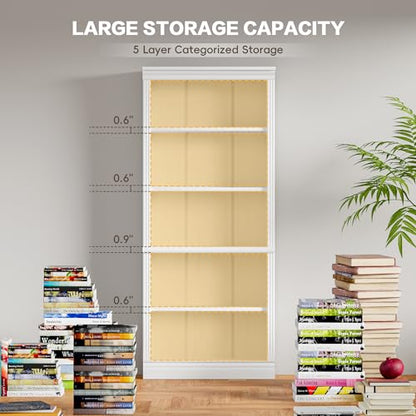 72" Bookcase and Bookshelf, 5-Tier Wood Bookcases with Shelves, Tall Floor Standing Book Shelf Storage Cabinet Home Decor Furniture for Living Room, Home Office 1 Pcs, White