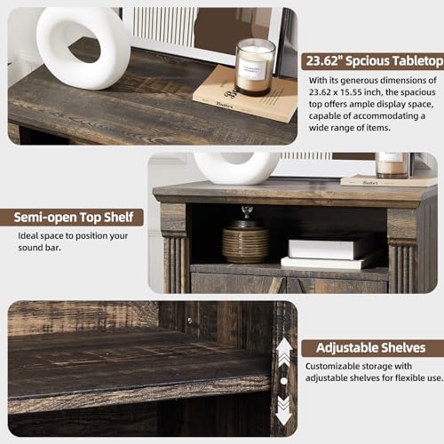 24" Farmhouse Storage Cabinet with Barn Doors, Dark Rustic Oak Freestanding Sideboard Buffet with Adjustable Shelf, Pantry Hutch Coffee Bar for Kitchen Bathroom Living Room - Small Floor Cabinet
