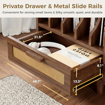 Record Player Stand with Power Outlets, Vinyl Storage Cabinet,Brown, view 6