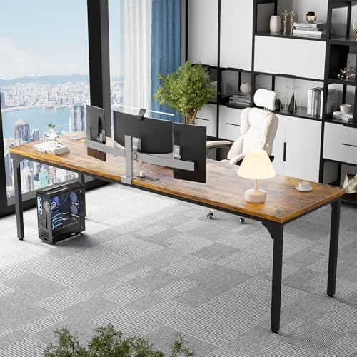78.7 Inches 2 Person Desk with Power Outlet, Long Double Home Office Computer Desks, Large Simple Desk, Modern Study Writing Table Workstation, Large Legroom, Metal Frame, Rustic Brown