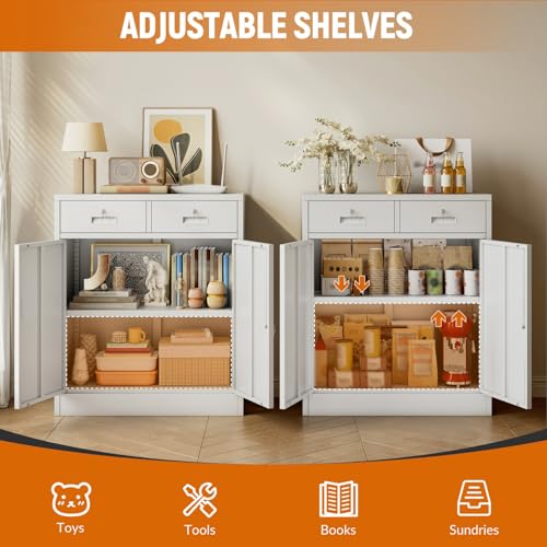 Metal Garage Storage Cabinet with Two Lockable Drawers 2 Locking Doors and an Adjustable Shelf, 36" White Metal Short Storage Cabinet for Home Office, Garage,School,Utility Room