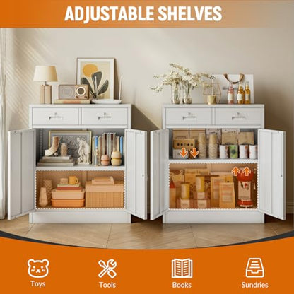 Metal Garage Storage Cabinet with Two Lockable Drawers 2 Locking Doors and an Adjustable Shelf, 36" White Metal Short Storage Cabinet for Home Office, Garage,School,Utility Room