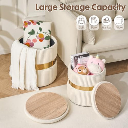 Round Ottoman with Storage Set of 2 Small Ottoman Coffee Table, Foot Stool, Vanity Chair, Removable Lid, for Living Room, Bedroom, Hallway, Assembly Free (White with Middle Gold)