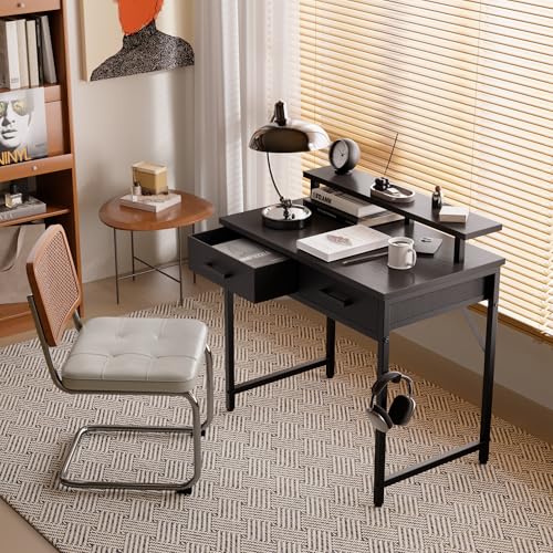 32 Inch Small Computer Desk with Monitor Stand and 2 Drawers, view 3