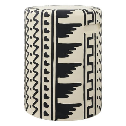 Yoli 18" Geometric Concrete Drum Garden Stool, Black/Cream | Weatherproof Accent Side Table, Indoor Outdoor Versatility, Modern Bohemian Minimalist Style, Integrated Handles