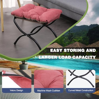 15" Foldable Foot Stool Ottoman with Metal Frame - Washable Red Upholstered Indoor/Outdoor Footrest for Living Room, Bedroom, Patio - Space-Saving Compact Design
