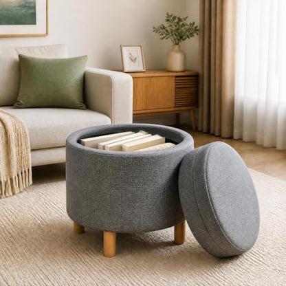 Round Storage Ottoman with Tray, Accent Storage Footstool, Gray, view 5